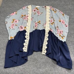 Janette Plus Kimono Womens One Size Floral Lace Trim Open Front Cardigan Blue